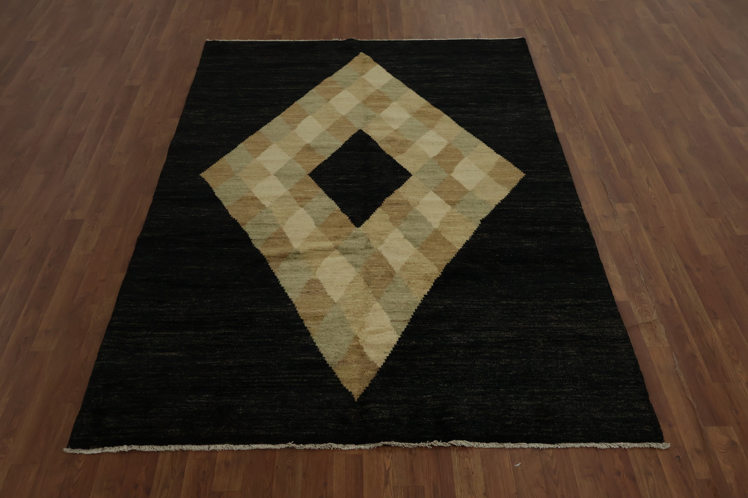 Bold Diamond Motif in Luxurious Black Gabbeh Area Rug 6x8