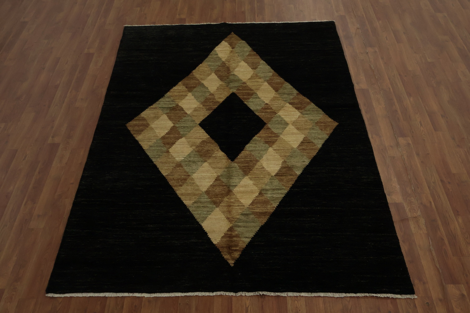 Bold Diamond Motif in Luxurious Black Gabbeh Area Rug 6x8