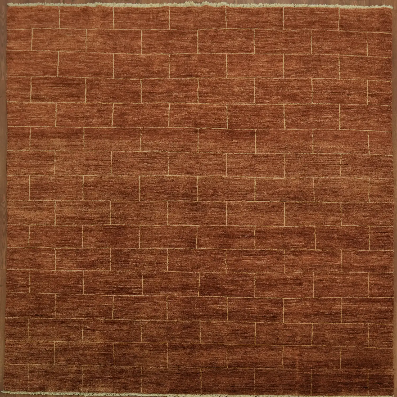 Contemporary Burnt Rust Gabbeh Square Rug Featuring a Brick Inspired Pattern 7x7