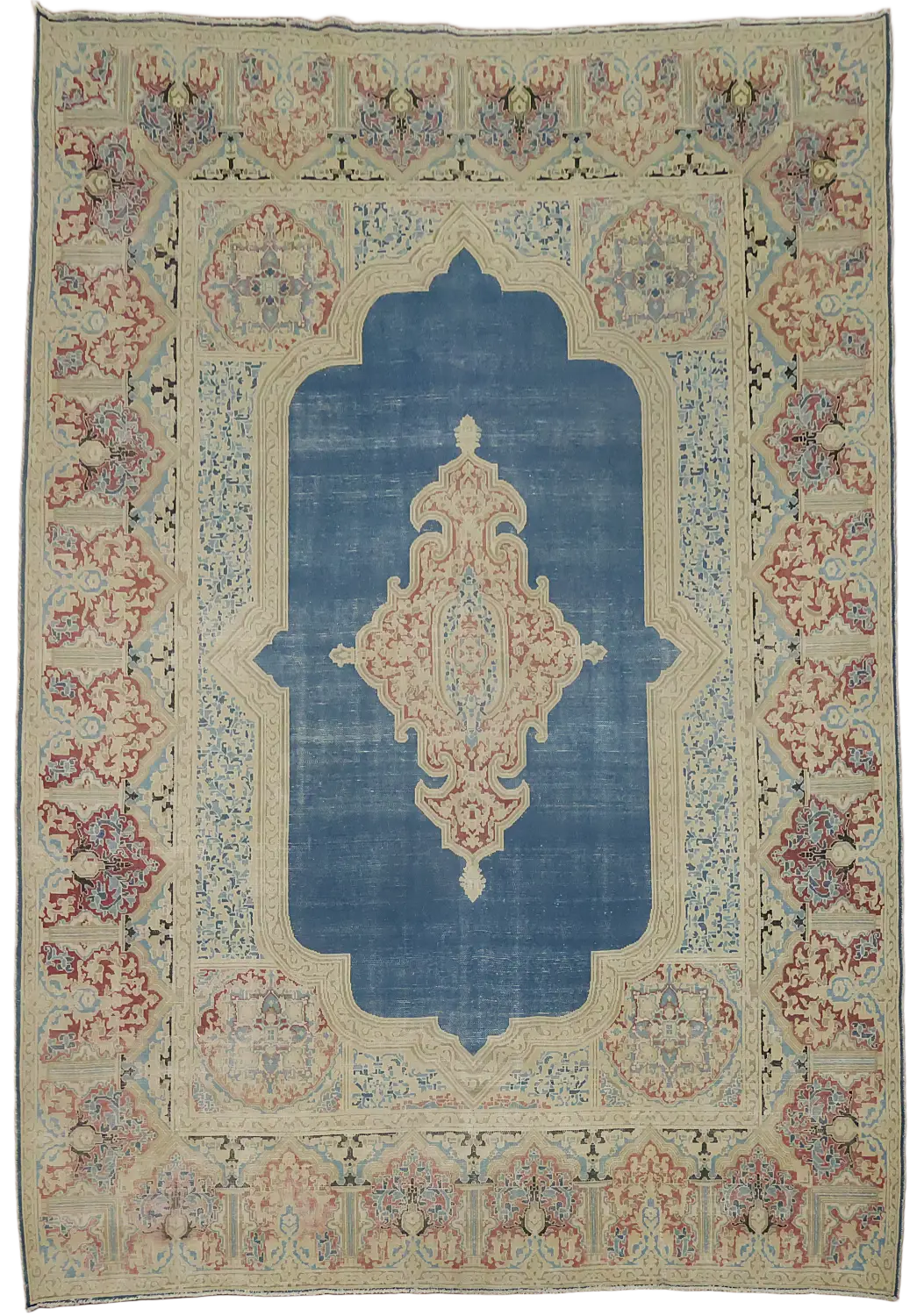 Vintage Geometric Blue Distressed Kerman Persian Wool Area Rug 9x12