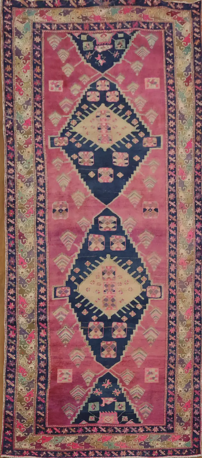 Vintage Tribal Pink and Navy Persian Runner Rug 4x10