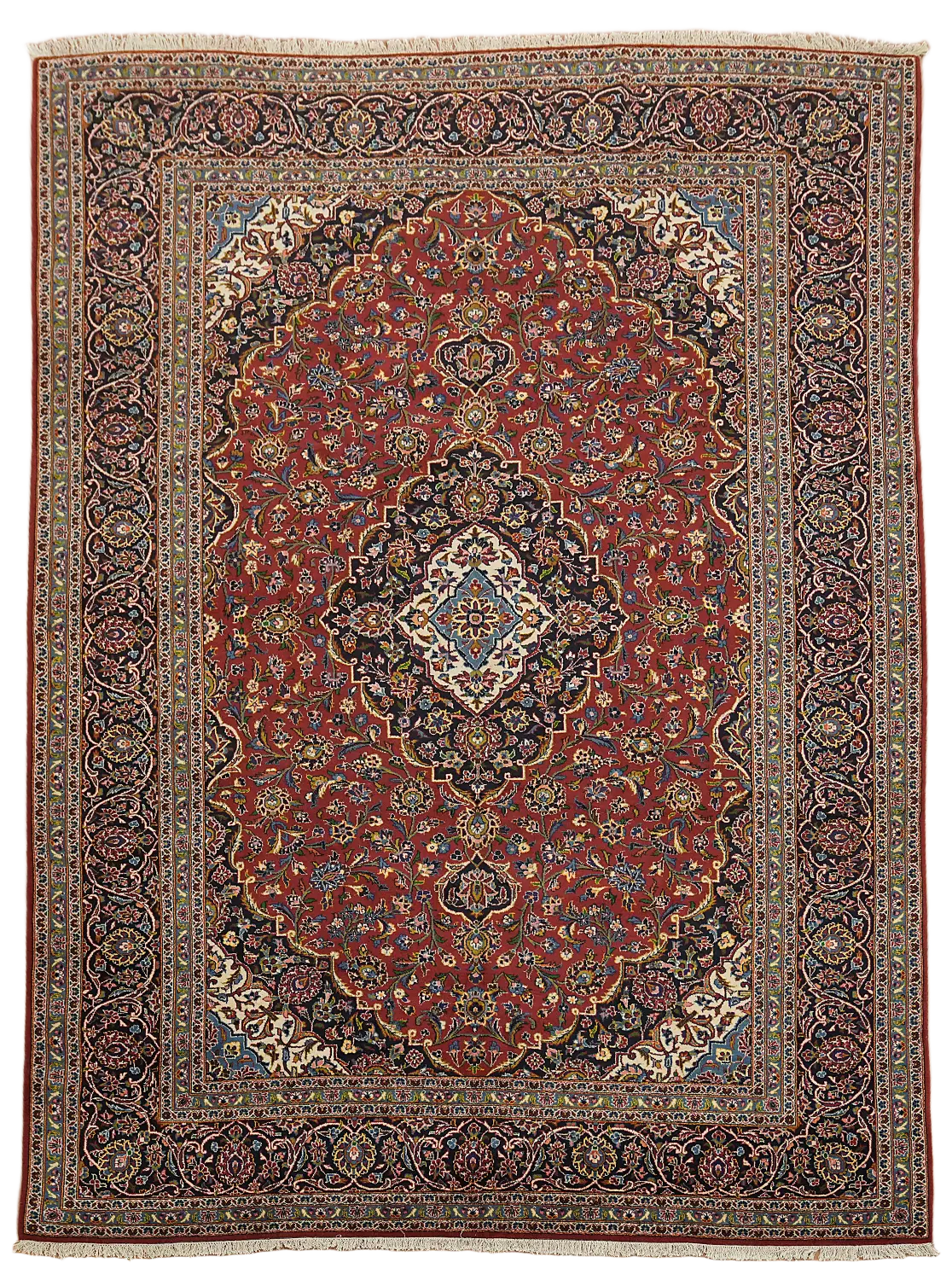 Luxurious Hand-Knotted Red and Navy Kashan Persian Rug 10'x13'