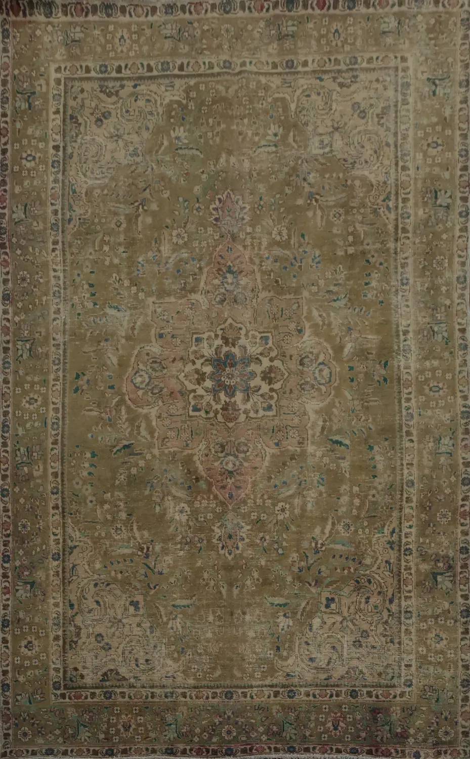 Distressed Olive Toned Rug Featuring Delicate Ornamentation 6x10
