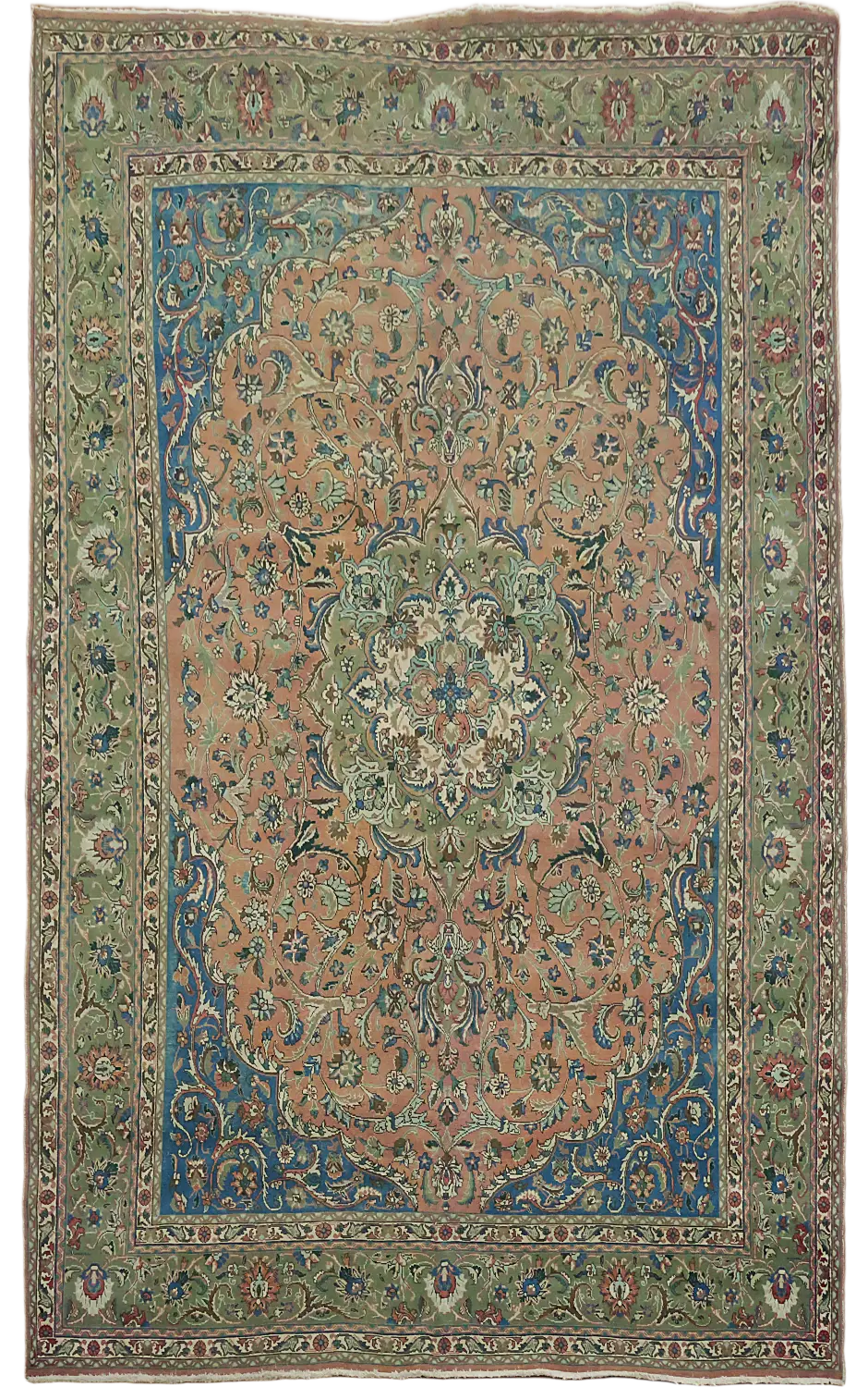 Vintage Coral Blue and Green Traditional Persian Rug 10'x13'