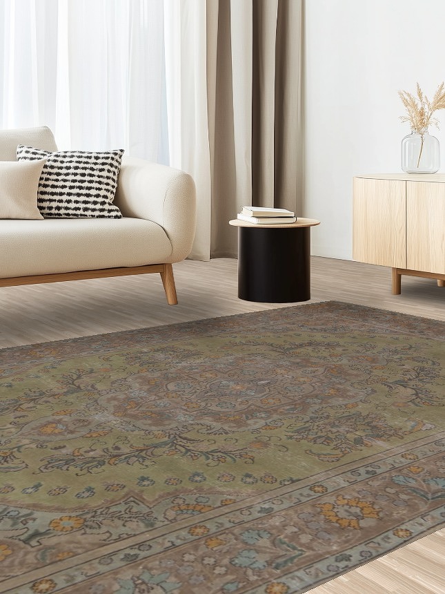 Green Distressed Tabriz Persian Area Rug 7x10