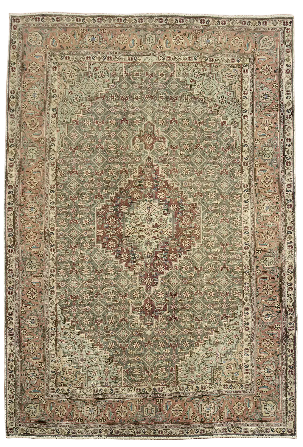 Traditional Geometric Distressed Tabriz Persian Green Rug 7'x10'