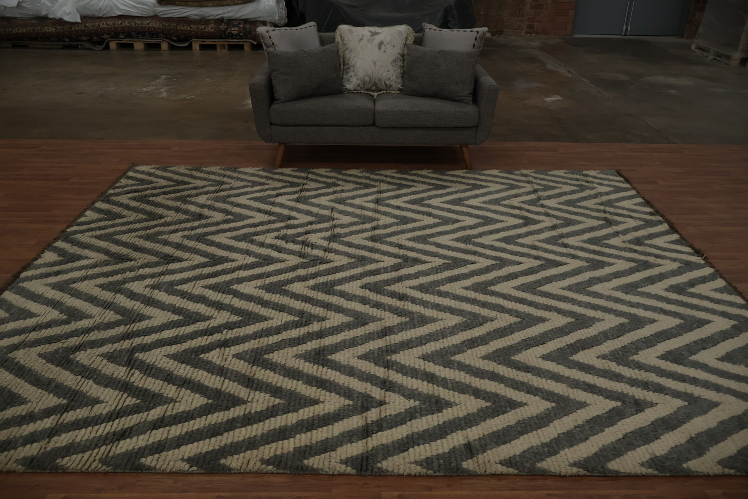 Modern Chevron Patterned Moroccan Shaggy Area Rug 9x11