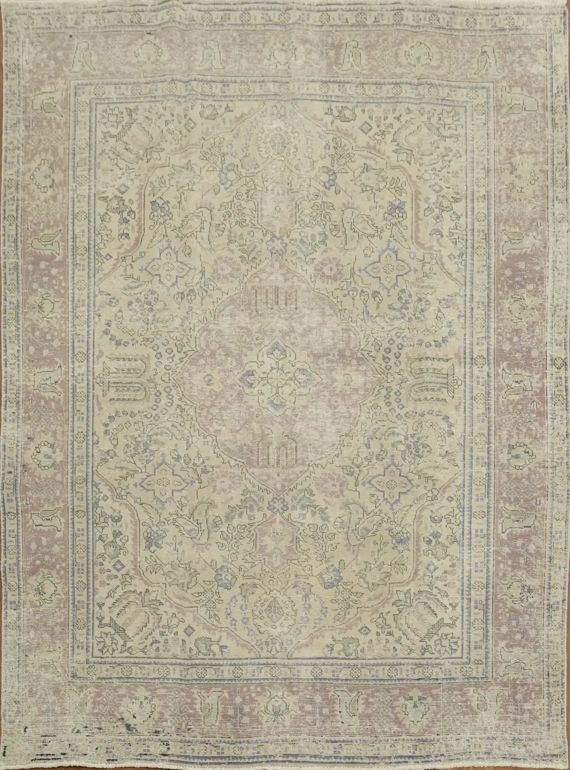 Vintage Distressed Beige and Pink Pastel Distressed Persian Rug 8x11