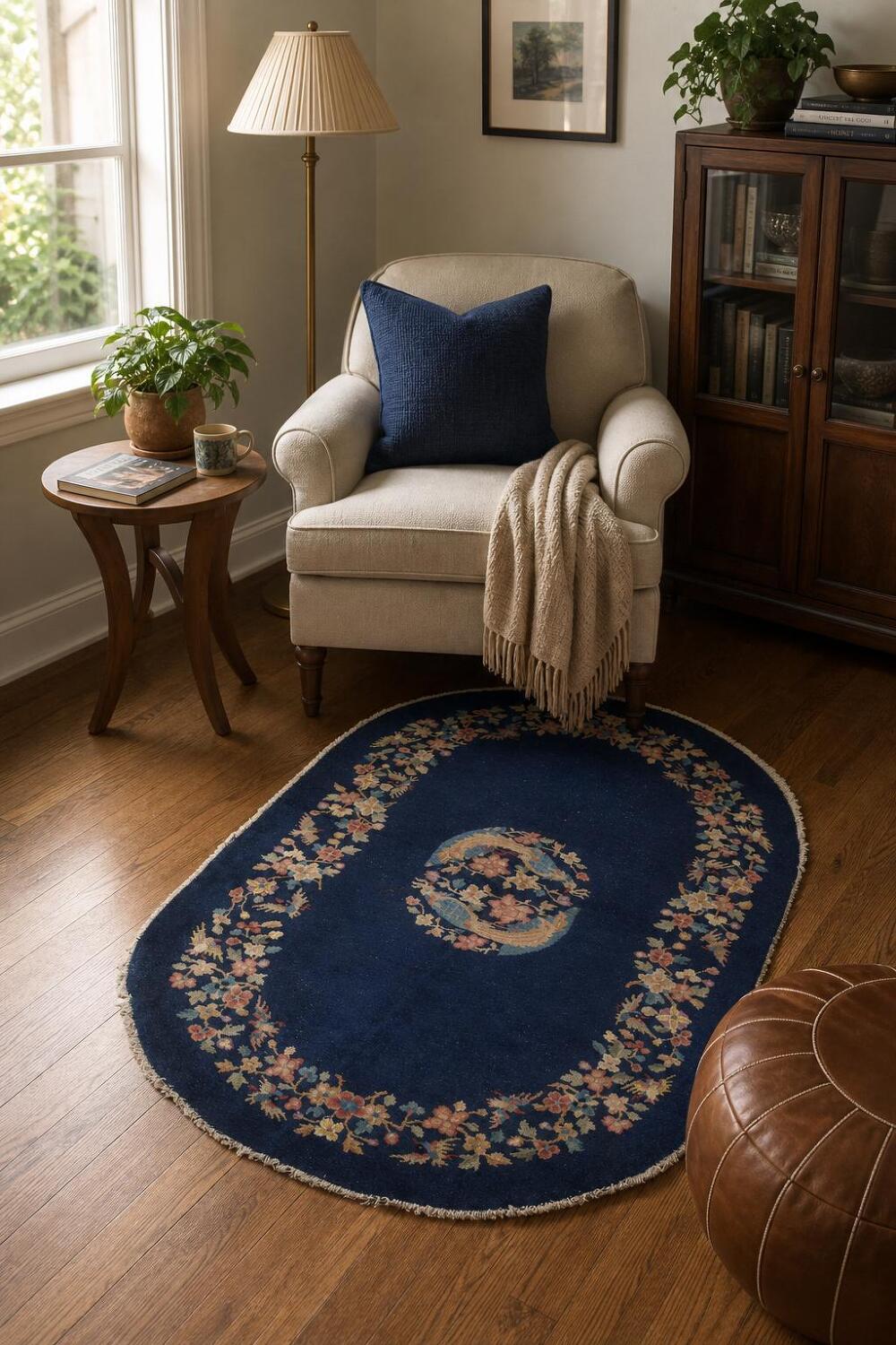 Navy Blue Art Deco Nichols Oval Vegetable Dye Area Rug 4x6