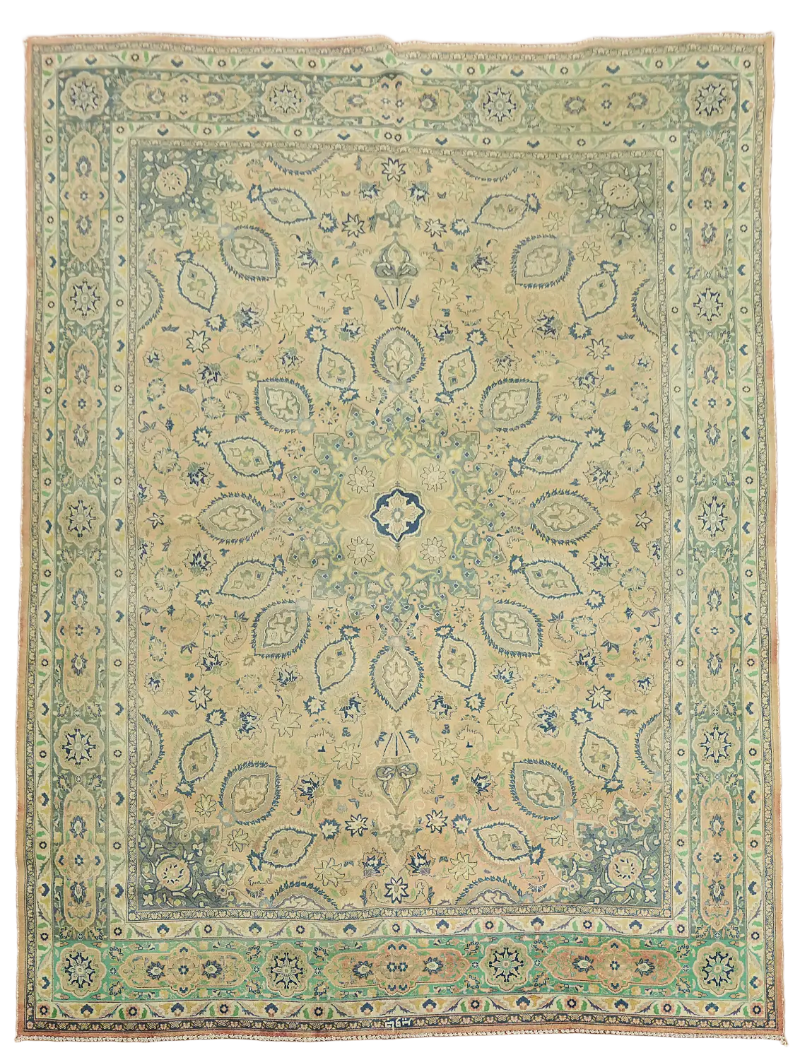 Vintage Traditional Coral and Blue Tabriz Persian Area Rug 10x13