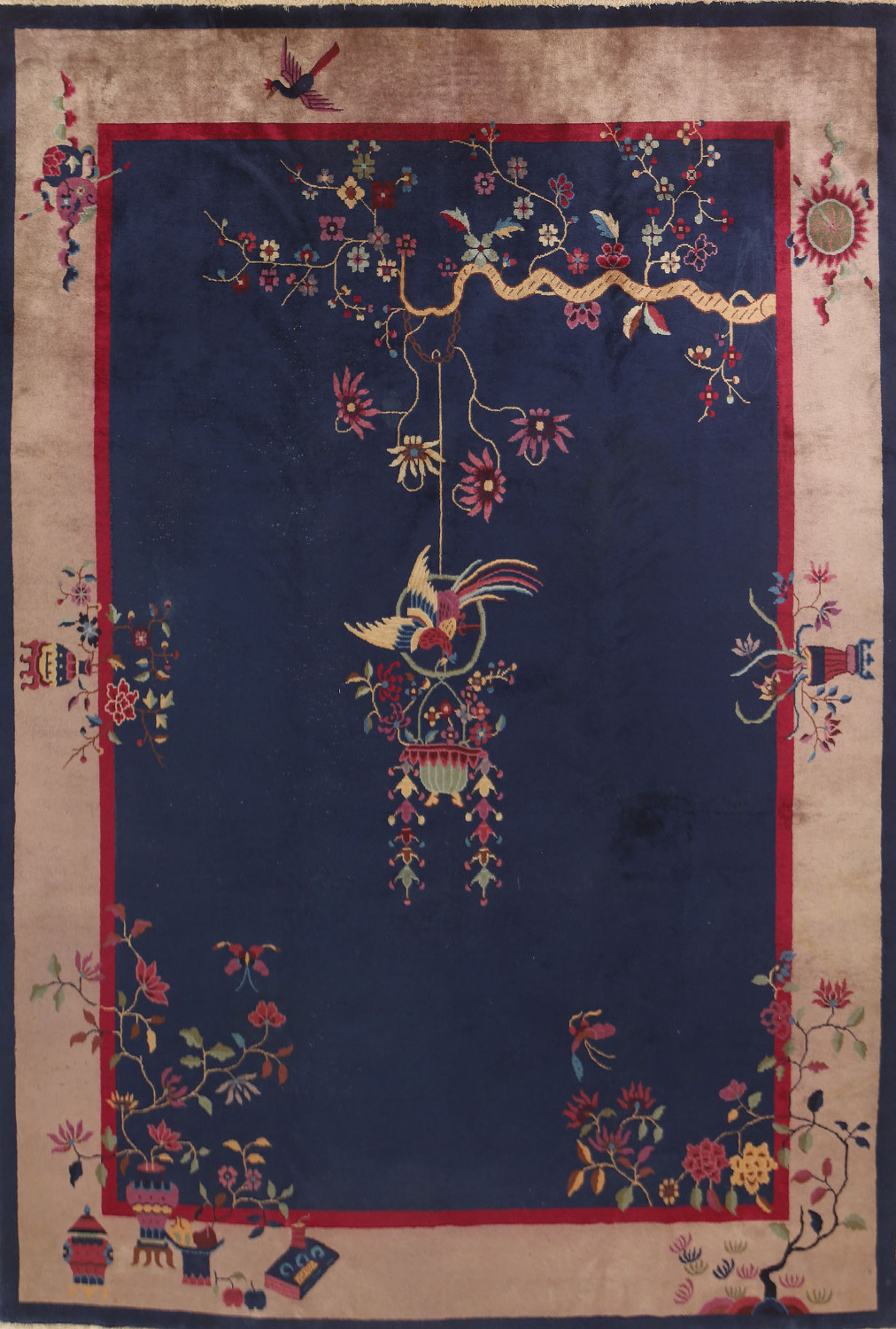 Antique Navy Blue Art Deco Vegetable Dye Area Rug 9x12