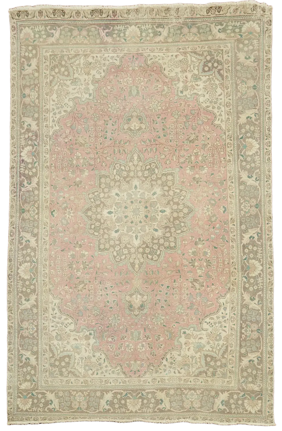 Distressed Tabriz Persian Rug in Soft Beige and Subtle Pink Tones 7x10 ft