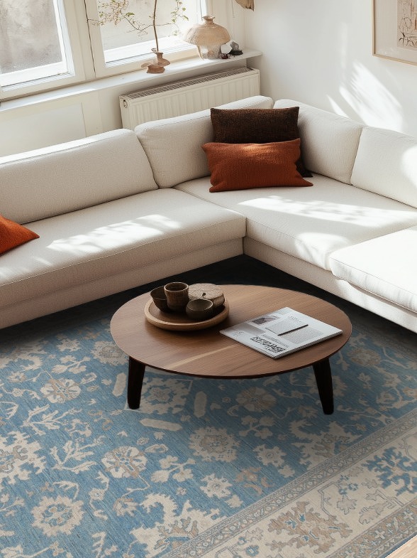 Vegetable Dye Oushak Blue Floral Area Rug 9x12