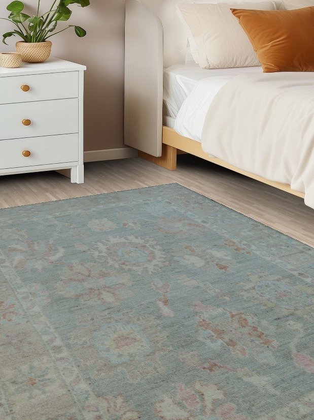 Green Muted Oushak Vegetable Dye Area Rug 4x6