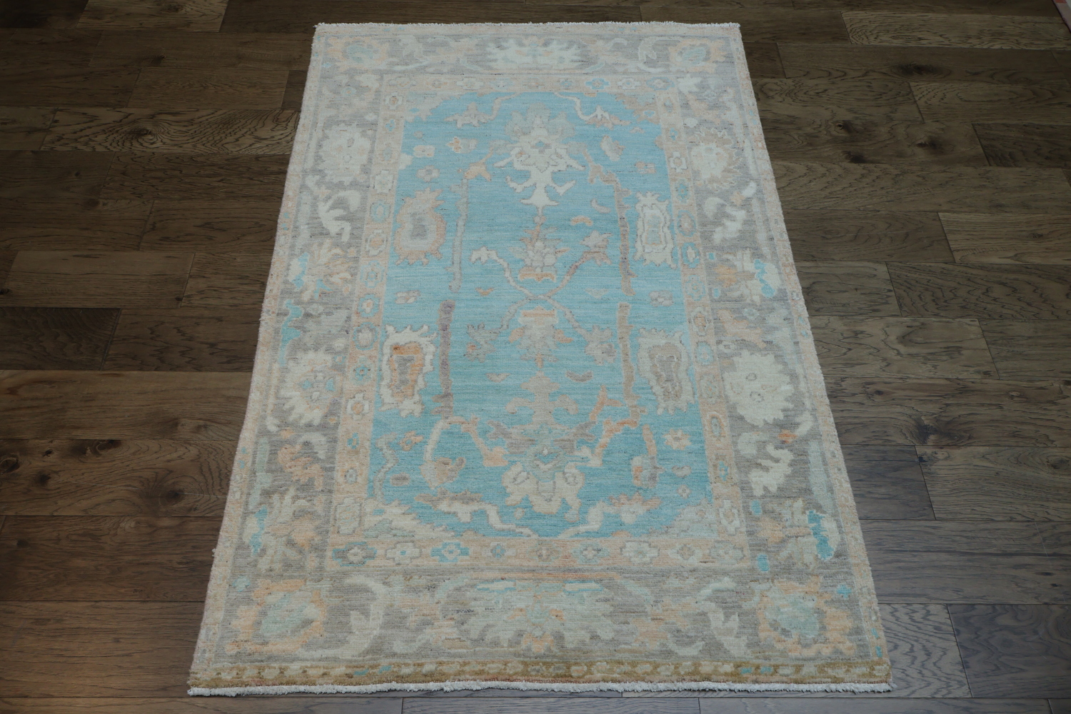 Turquoise Blue Oushak Vegetable Dye Area Rug 4x6