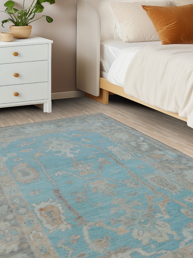 Turquoise Blue Oushak Vegetable Dye Area Rug 4x6