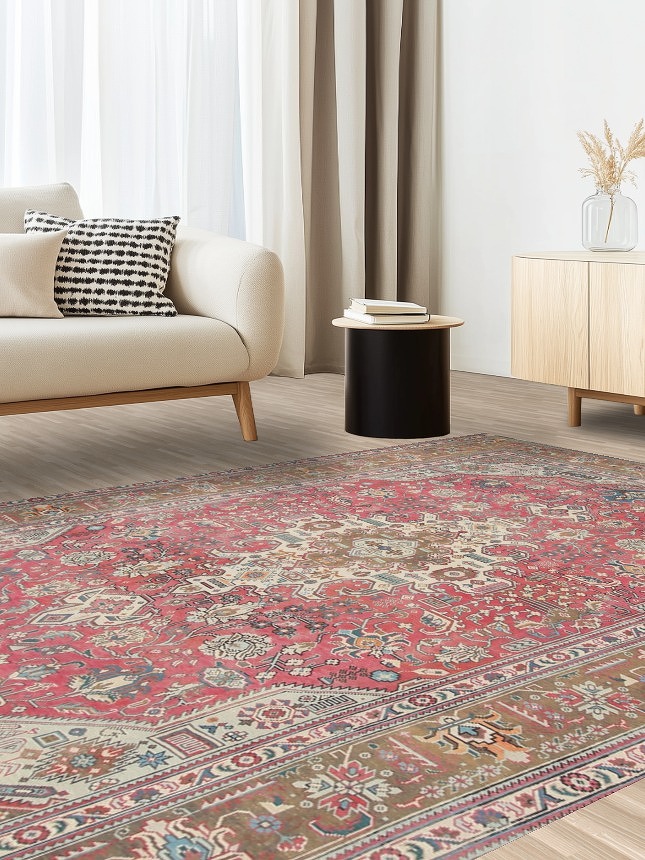 Pink Geometric Tabriz Persian Area Rug 7x10