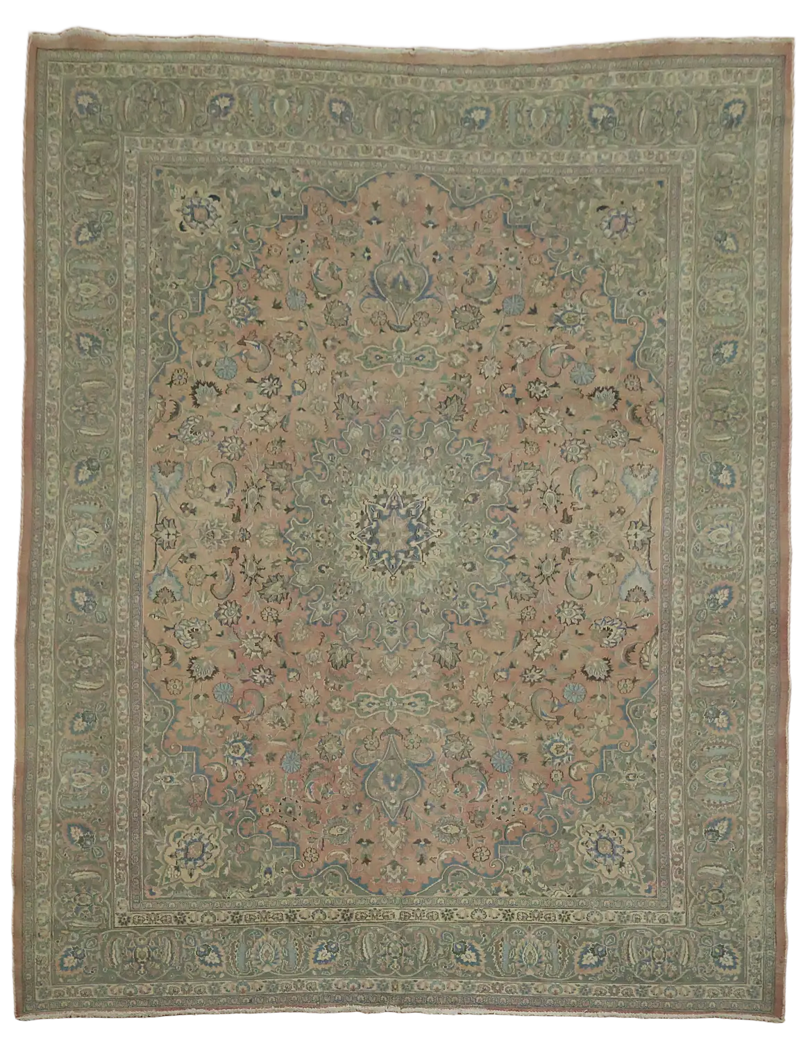 Distressed Vintage Muted Pink Floral Mashad Persian Area Rug 10x13