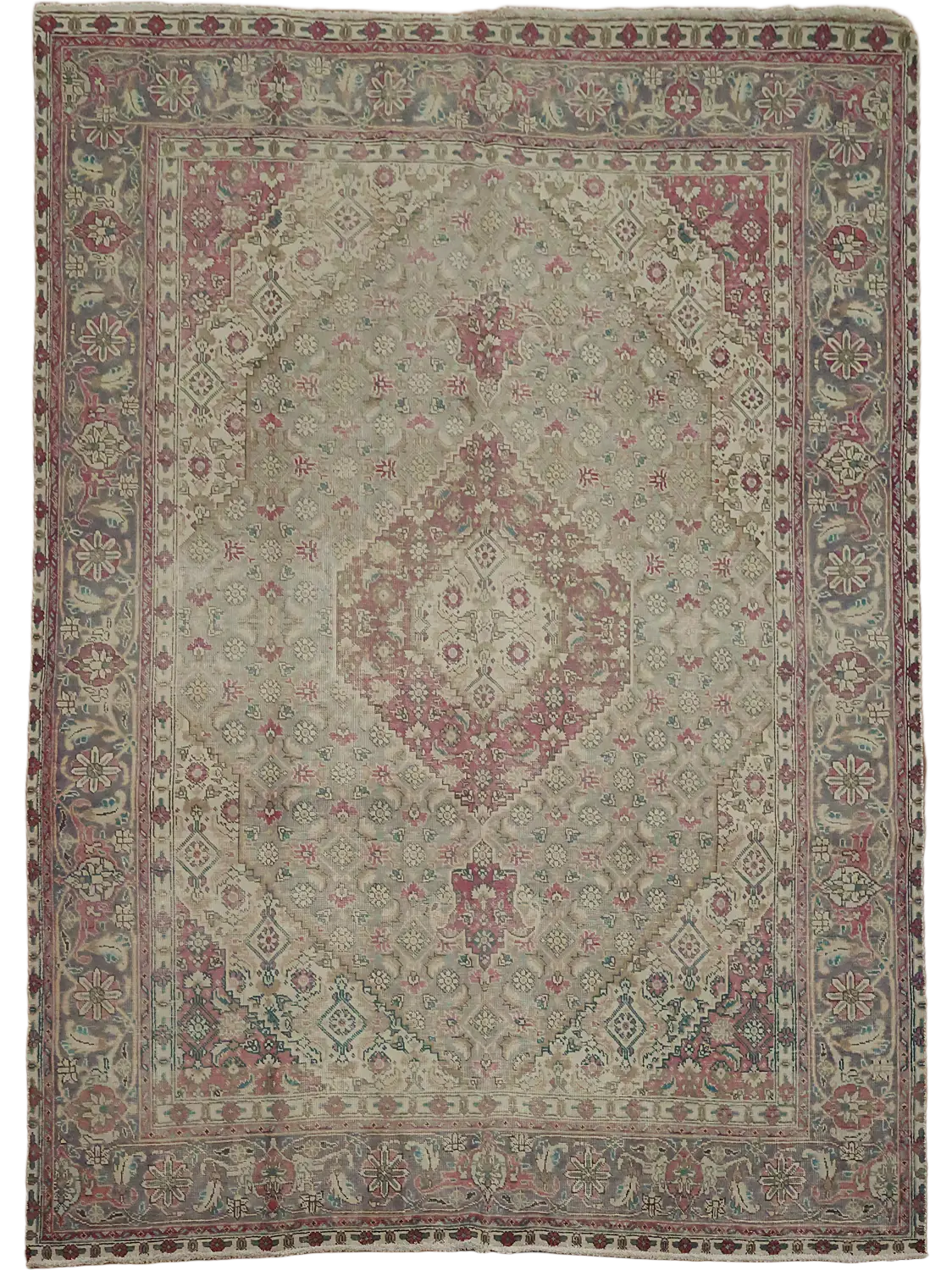 Vintage Geometric Grey and Pink Distressed Tabriz Persian Rug 8x11