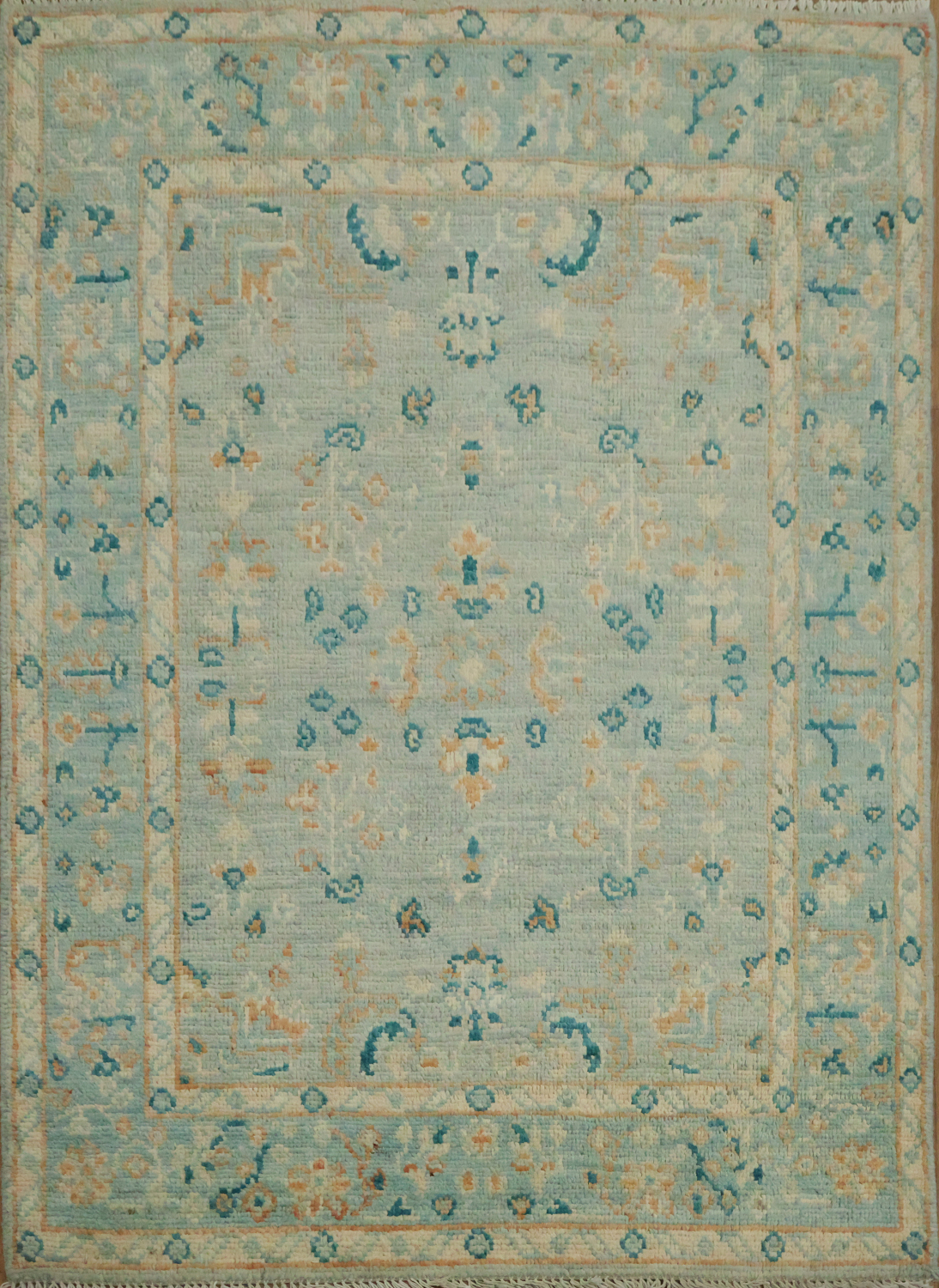 Floral Blue Oushak Vegetable Dye Accent Rug 3x4