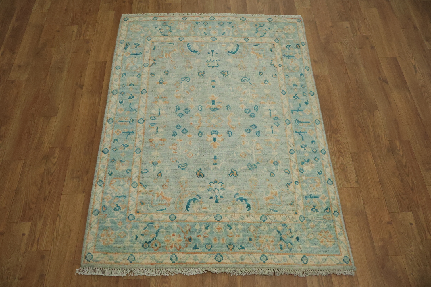 Floral Blue Oushak Vegetable Dye Accent Rug 3x4