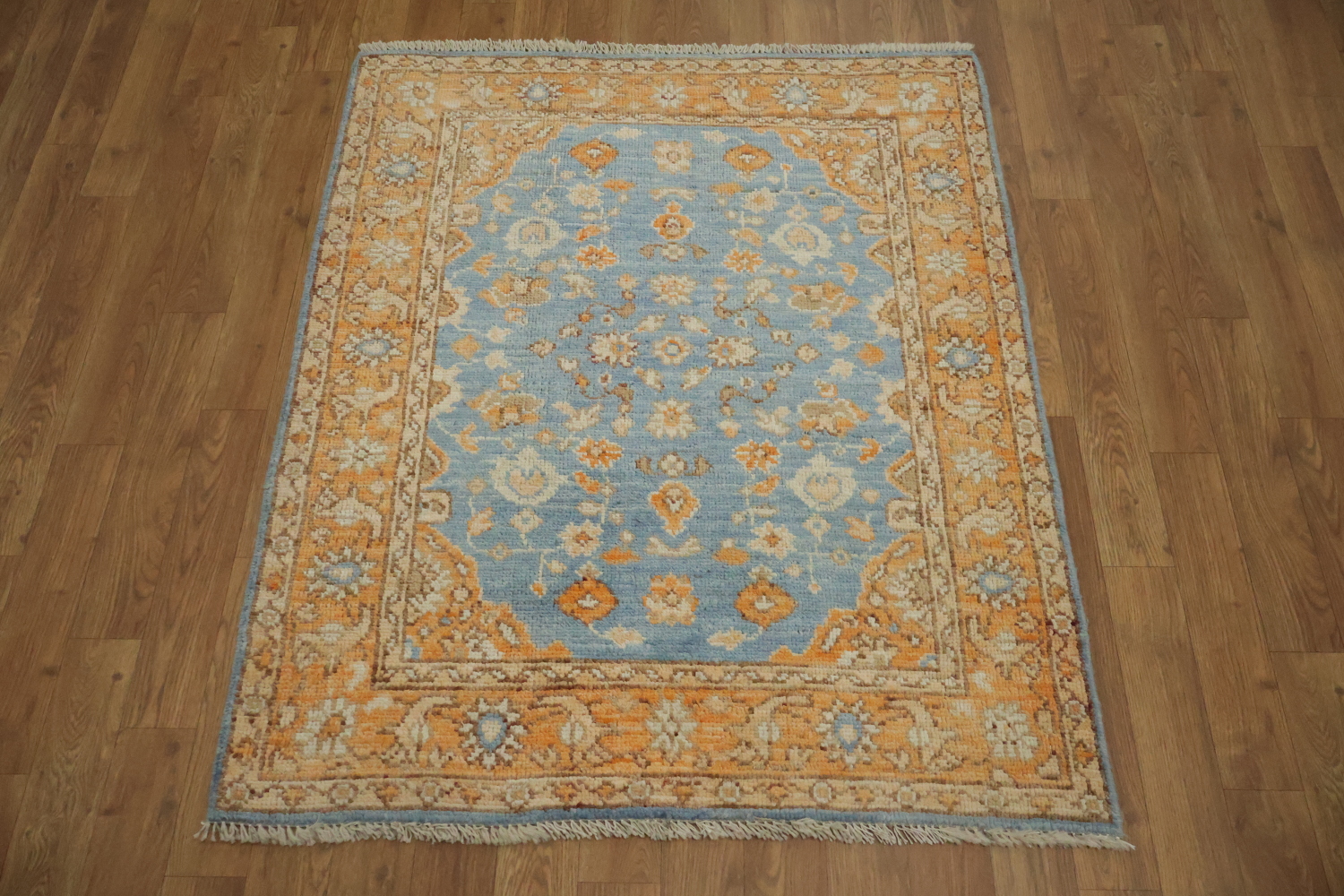 Floral Blue Oushak Vegetable Dye Wool Rug 3x4