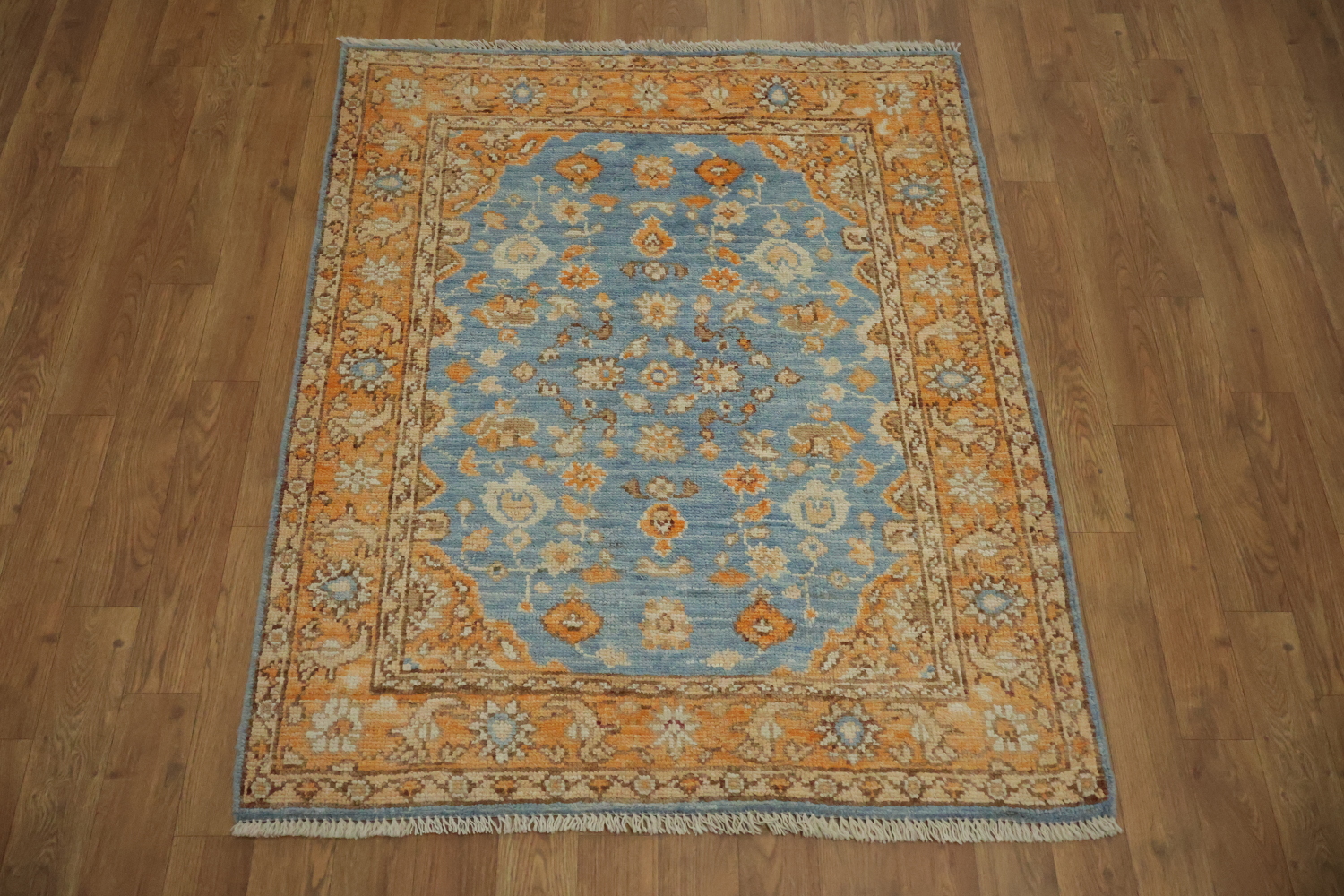 Floral Blue Oushak Vegetable Dye Wool Rug 3x4
