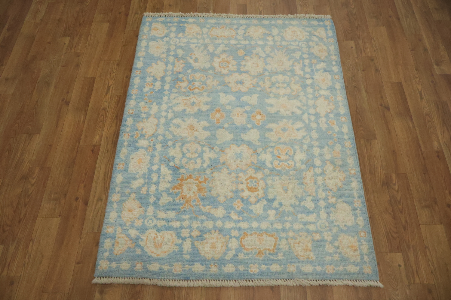 Floral Blue Oushak Vegetable Dye Wool Rug 3x4