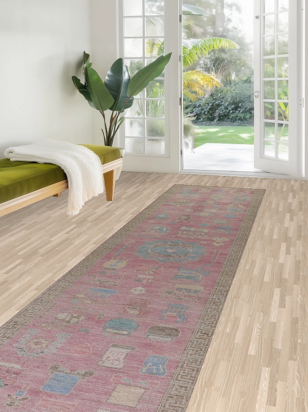 Vegetable Dye Art Deco Chinese Runner Rug 3x12