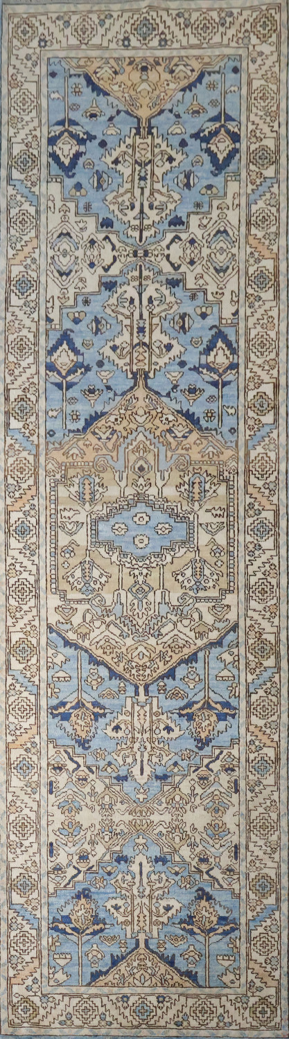 Vegetable Dye Blue and Beige Heriz Serapi Runner Rug Featuring Traditional Style 3x11 ft