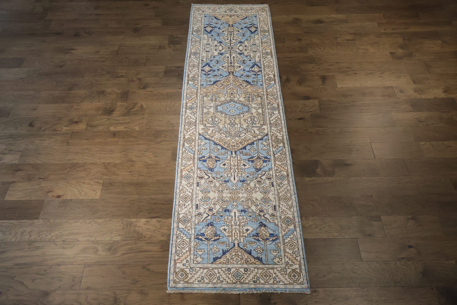 Vegetable Dye Blue and Beige Heriz Serapi Runner Rug Featuring Traditional Style 3x11 ft