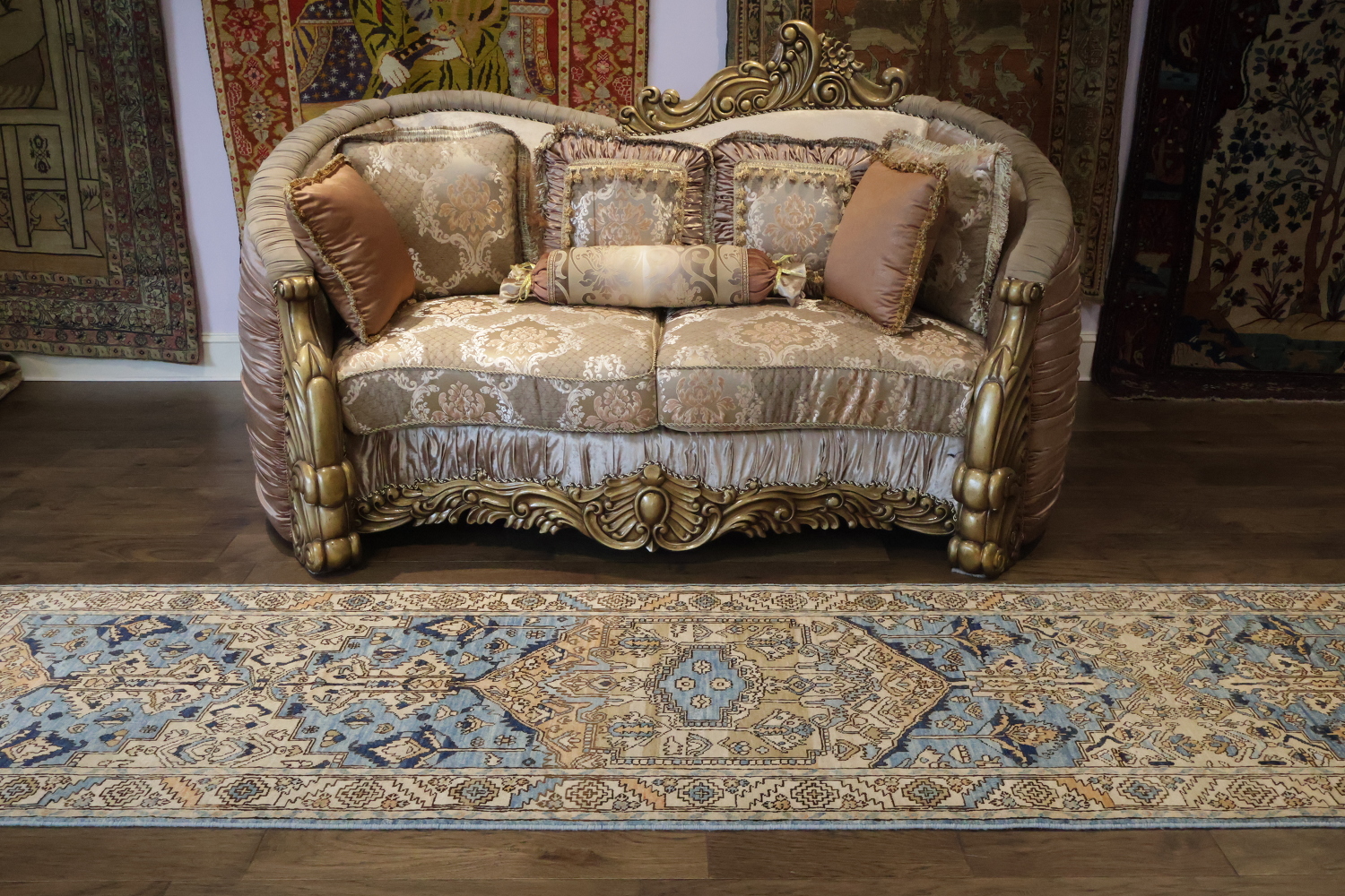 Vegetable Dye Blue and Beige Heriz Serapi Runner Rug Featuring Traditional Style 3x11 ft