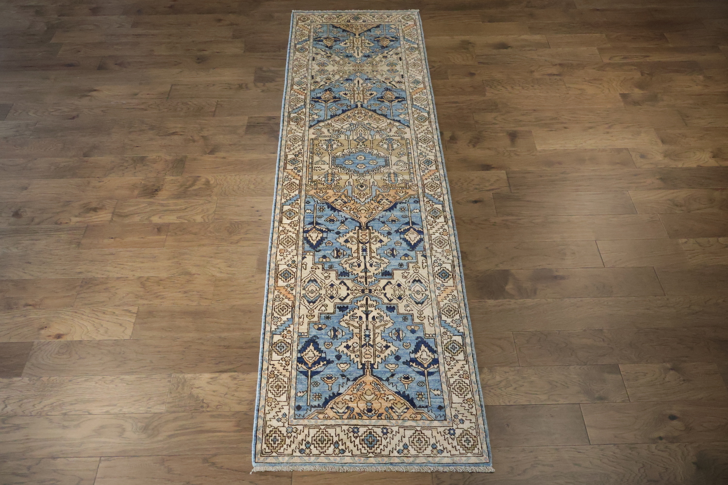 Vegetable Dye Blue and Beige Heriz Serapi Runner Rug Featuring Traditional Style 3x11 ft