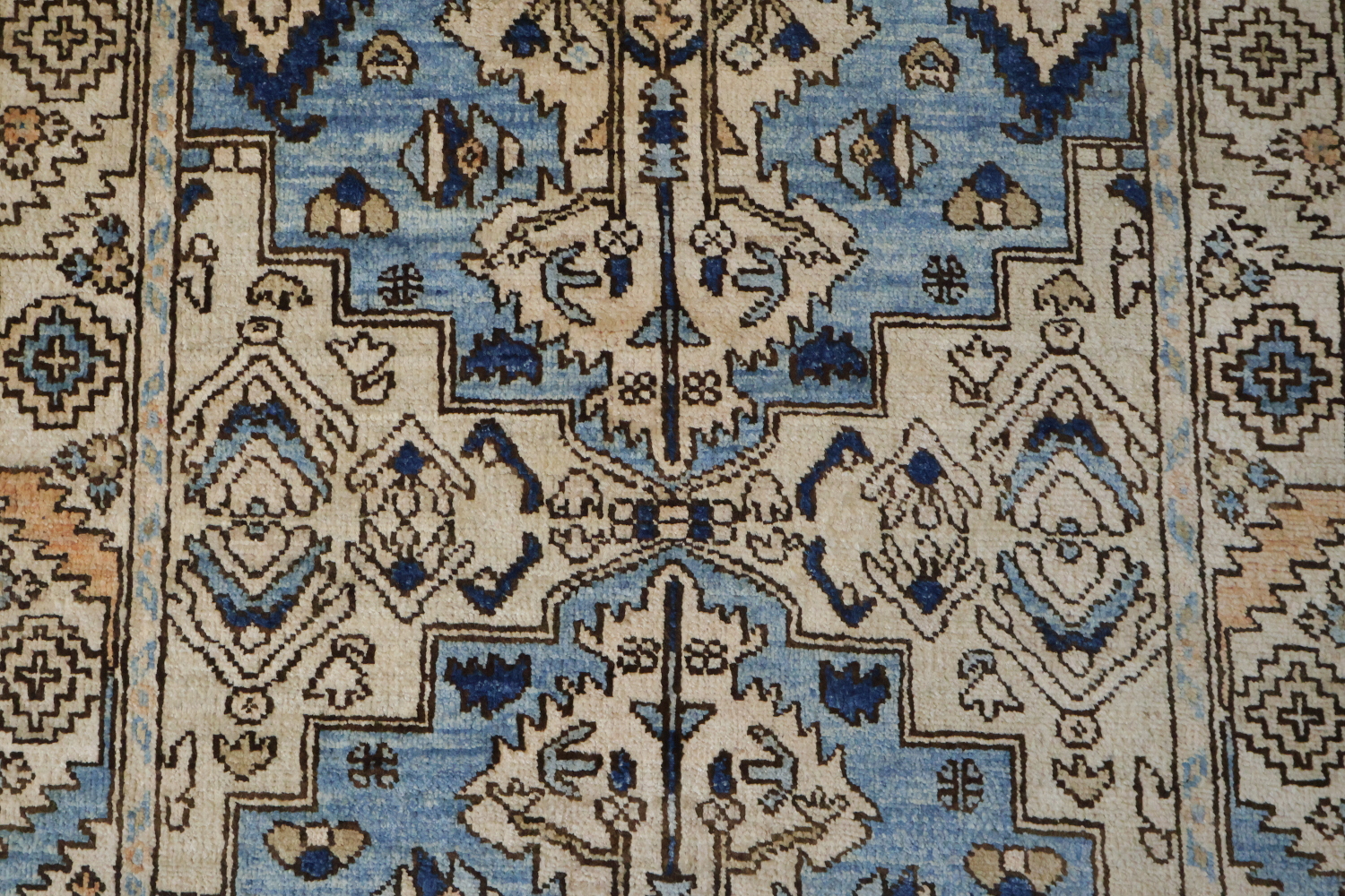 Vegetable Dye Blue and Beige Heriz Serapi Runner Rug Featuring Traditional Style 3x11 ft
