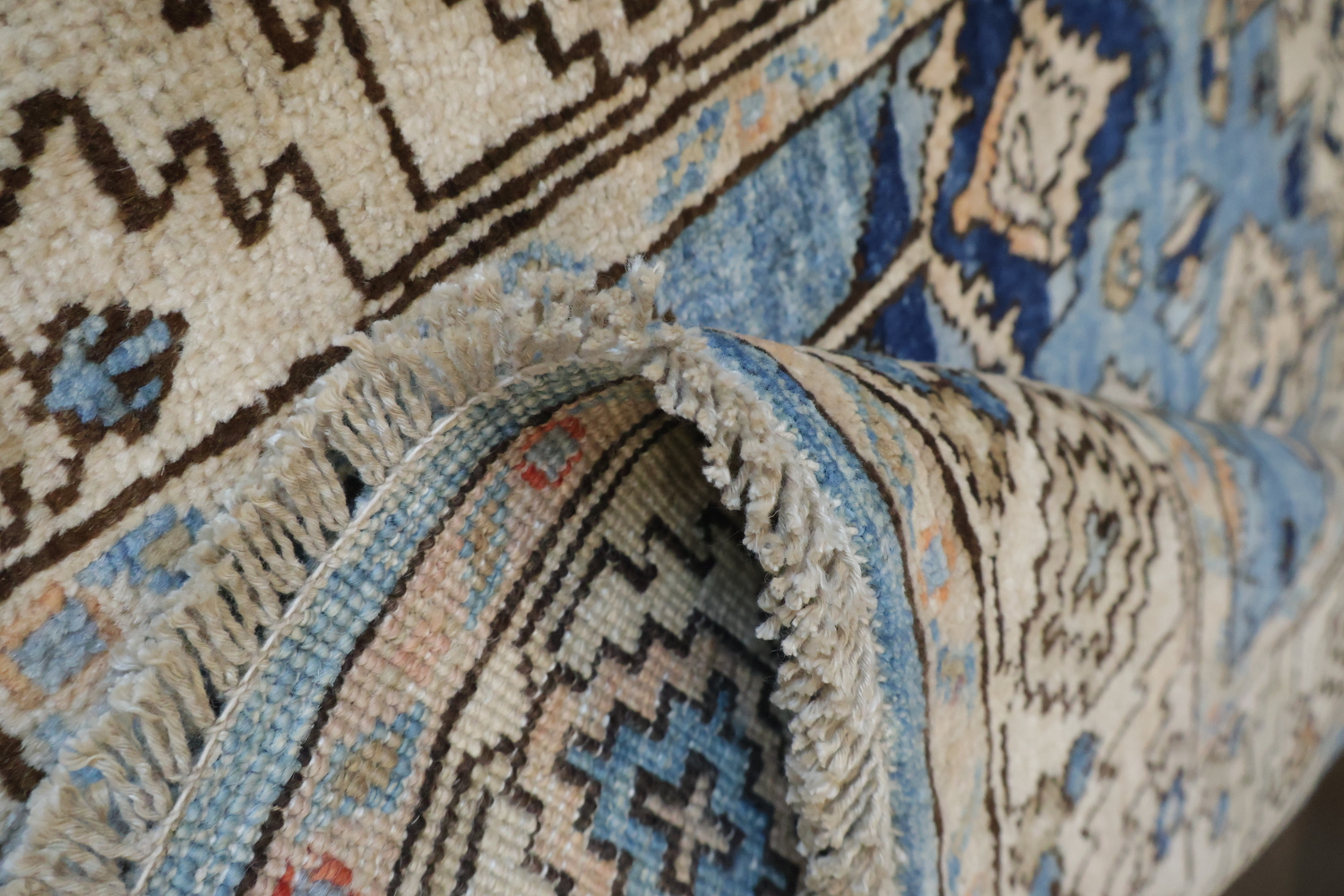Vegetable Dye Blue and Beige Heriz Serapi Runner Rug Featuring Traditional Style 3x11 ft