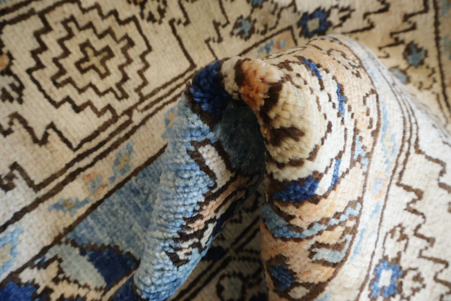 Vegetable Dye Blue and Beige Heriz Serapi Runner Rug Featuring Traditional Style 3x11 ft