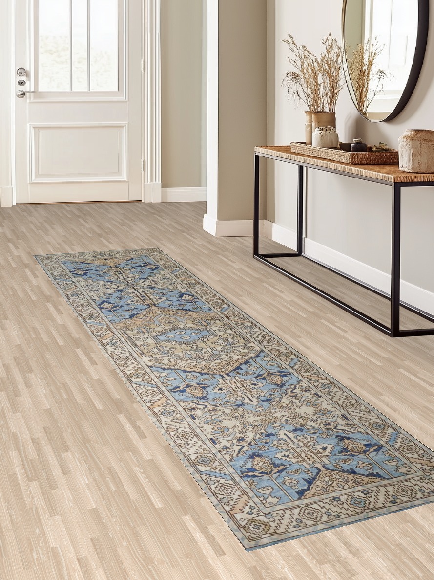Vegetable Dye Blue and Beige Heriz Serapi Runner Rug Featuring Traditional Style 3x11 ft