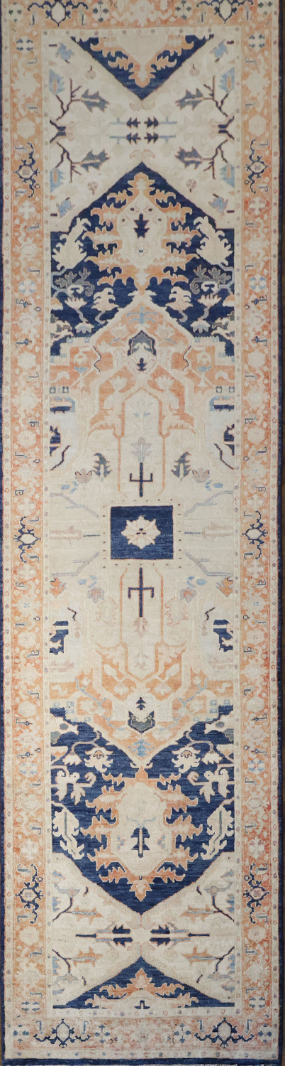 Traditional Navy Blue and Rust Heriz Serapi Runner Rug 3x11 ft