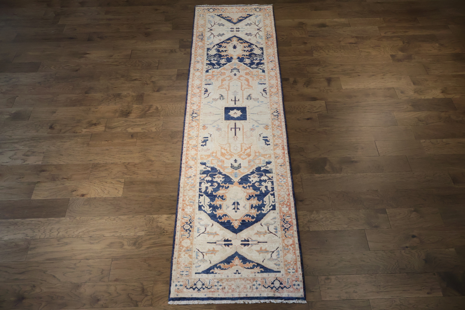 Traditional Navy Blue and Rust Heriz Serapi Runner Rug 3x11 ft
