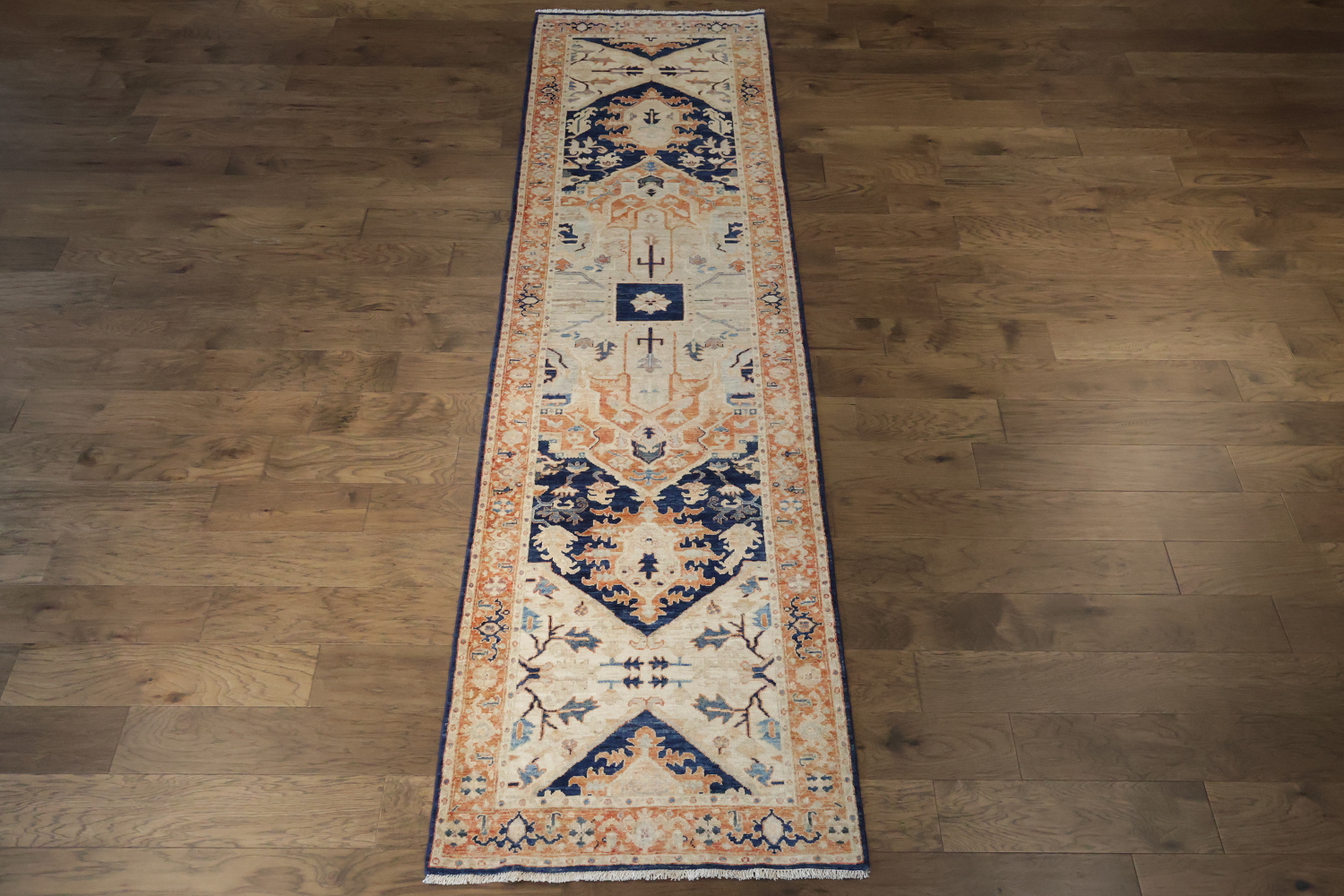 Traditional Navy Blue and Rust Heriz Serapi Runner Rug 3x11 ft