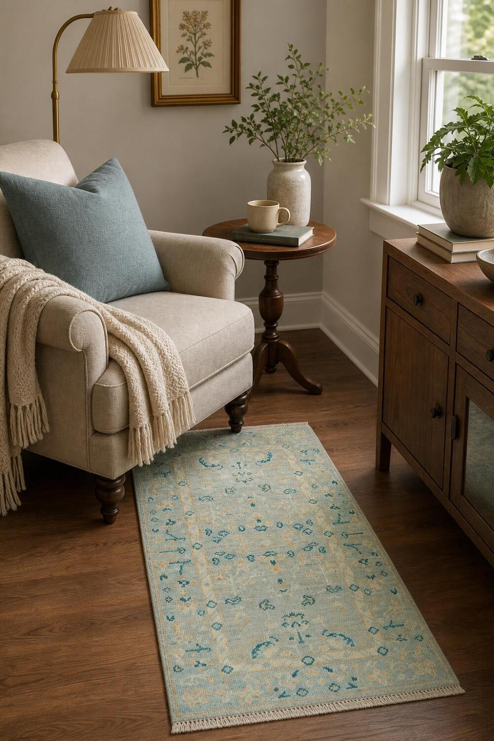 Blue Oushak Vegetable Dye Turkish Foyer Rug 2x4