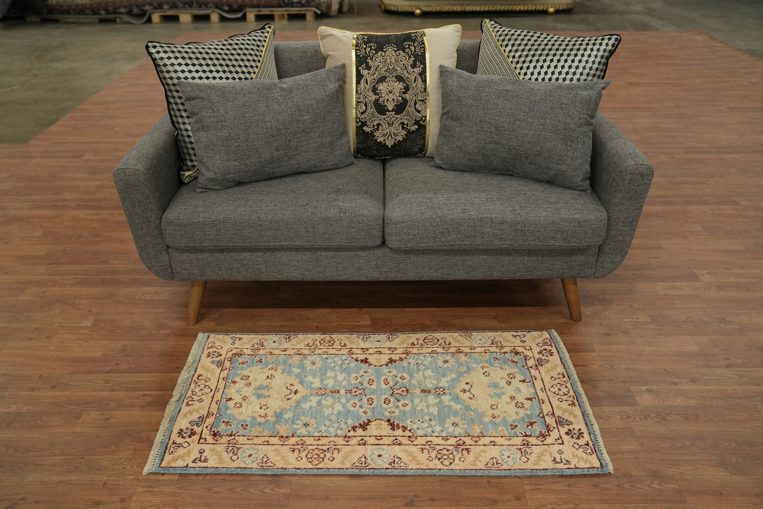 Vegetable Dye Blue Oushak Turkish Foyer Rug 2x4