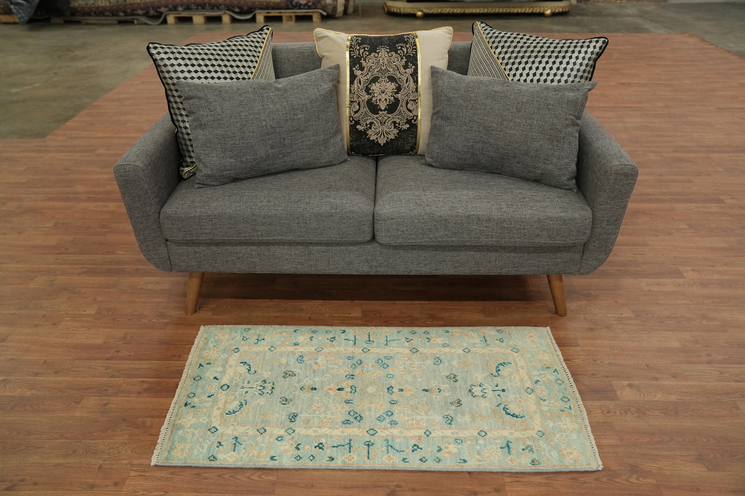Vegetable Dye Oushak Blue Turkish Accent Rug 2x4