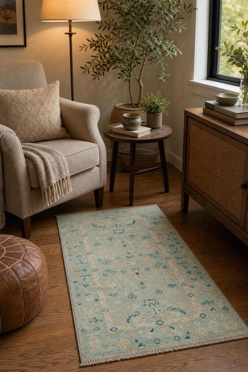 Vegetable Dye Oushak Blue Turkish Accent Rug 2x4