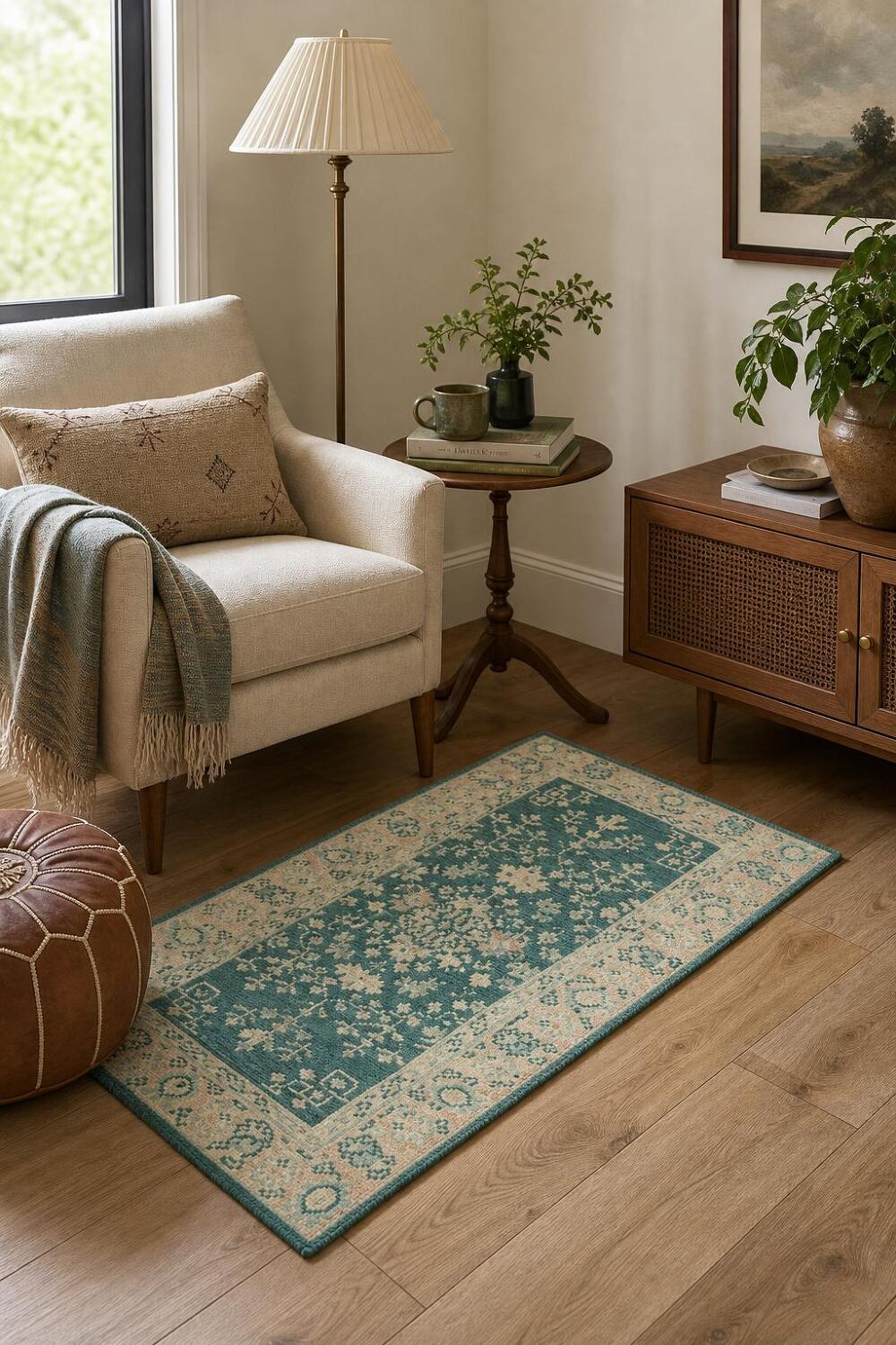 Green Oushak Vegetable Dye Turkish Accent Rug 2x4