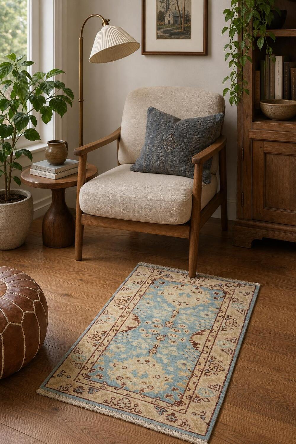 Vegetable Dye Oushak Blue Turkish Foyer Rug 2x4