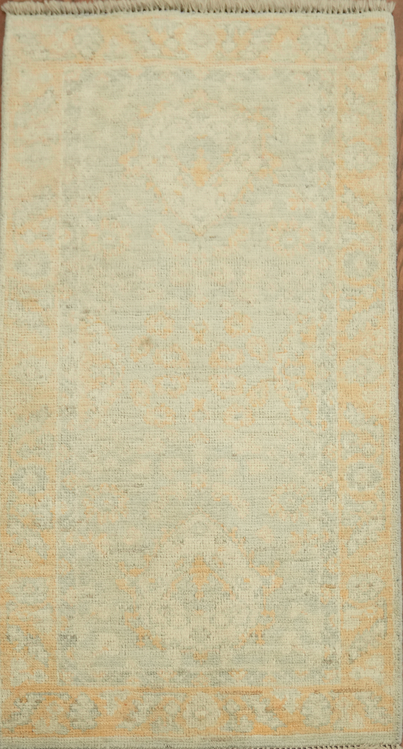 Artistic Boho Beige Turkish Oushak Rug with Soft Contrasting Border Patterns 2x4 ft