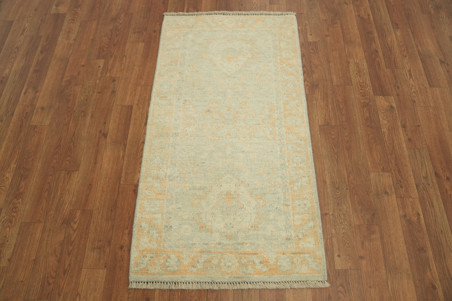 Artistic Boho Beige Turkish Oushak Rug with Soft Contrasting Border Patterns 2x4 ft