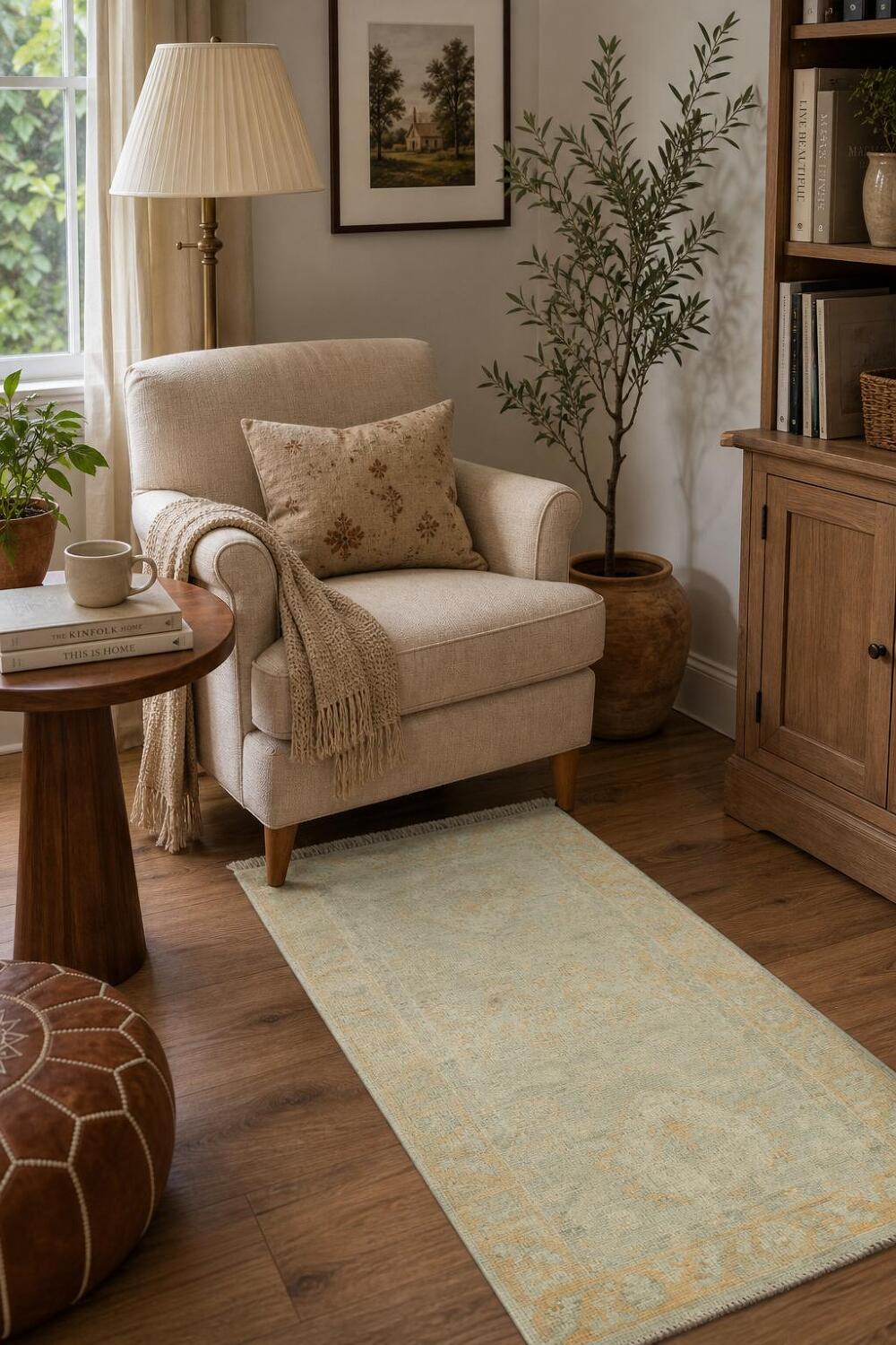 Artistic Boho Beige Turkish Oushak Rug with Soft Contrasting Border Patterns 2x4 ft