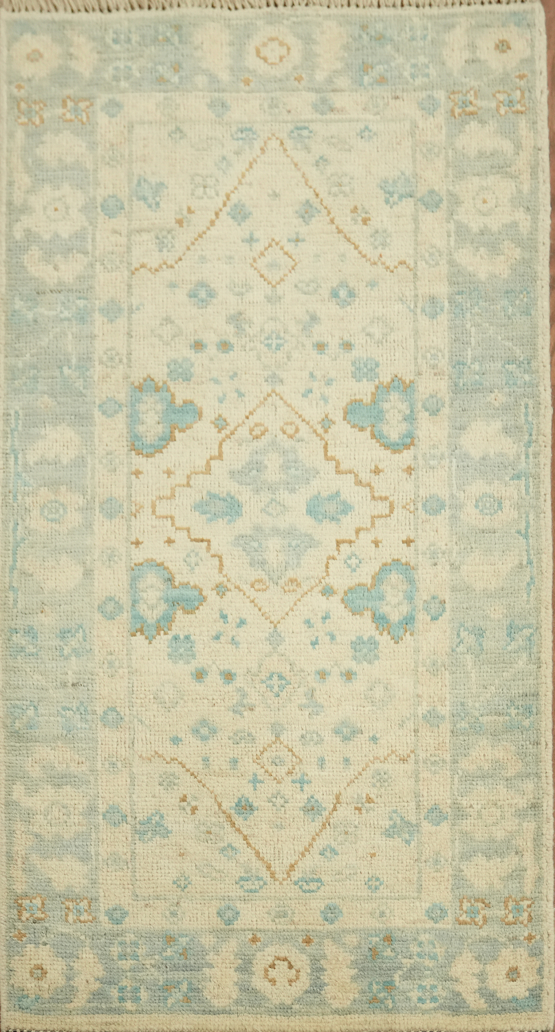 Traditional Blue Beige Floral Pattern Oushak Turkish Rug for Elegant Spaces 2x4 ft